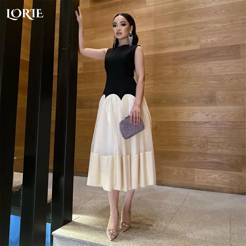 

LORIE Dubai Elegatn Formal Evening Dresses Tea Length Satin A-Line Sleeveless Prom Dress islamic O-Neck Graduation Party Gowns