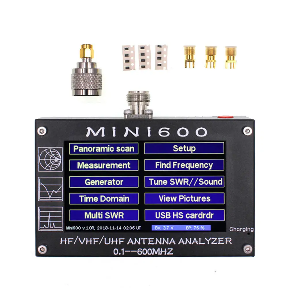 

MiNi600 Antenna Analyzer, 5V1.5A HF VHF UHF 0.1-600MHz Frequency Counter SWR Meter 1.0-1999 With 4.3" TFT LCD TouchScreen