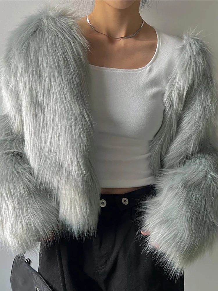Goth Dark Faux Fur Coats Women Winter 2022 Autumn Y2k Korean Fashion Crop Jackets Gothic Elegant Slim Warm Outwear Streetwear