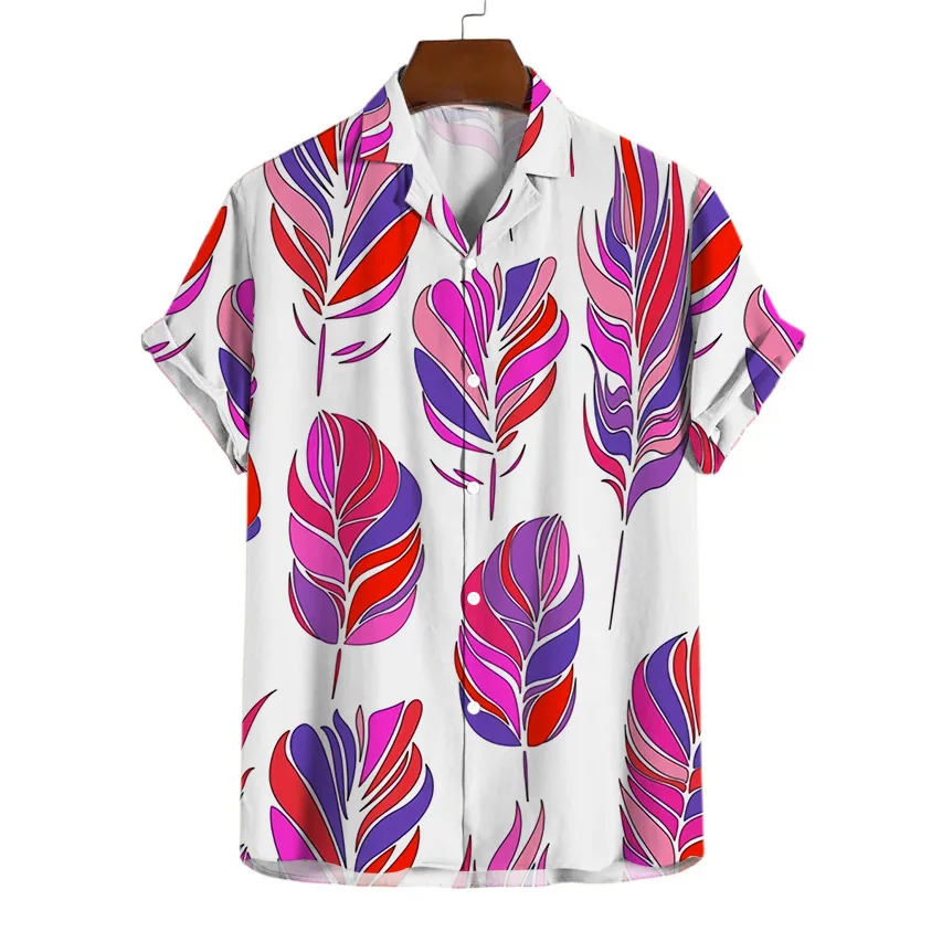 

2023 New Men's Digital Printed Feather Pattern Leisure Holiday Style Men Hawaiian Shirt Trend Handsome Short-sleeve Tops