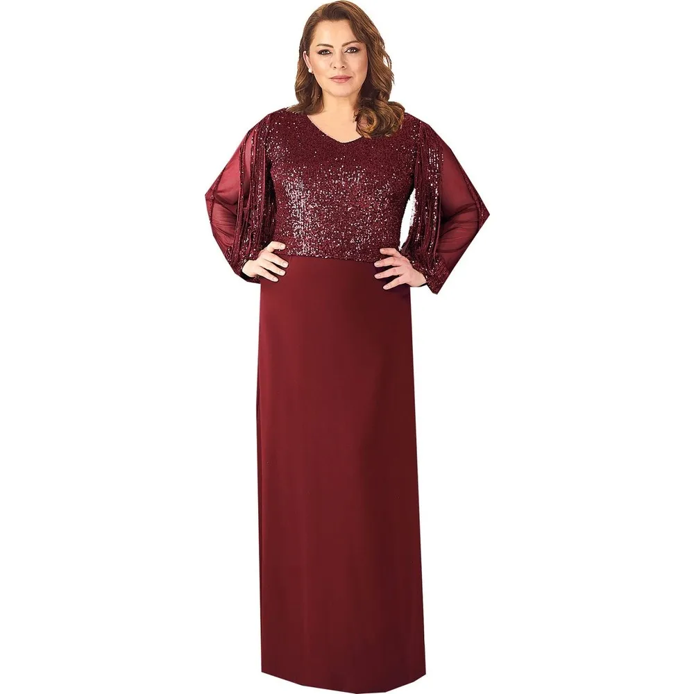 

Dorlie Large Size Burgundy Color Sequined Crepe Evening Dress