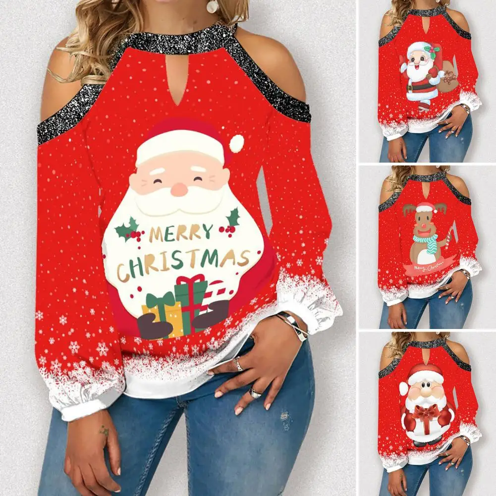 

Tee Shirt O-Neck Pullover Blouse Cute Santa Claus Snowflake Print Christmas Autumn T-shirt
