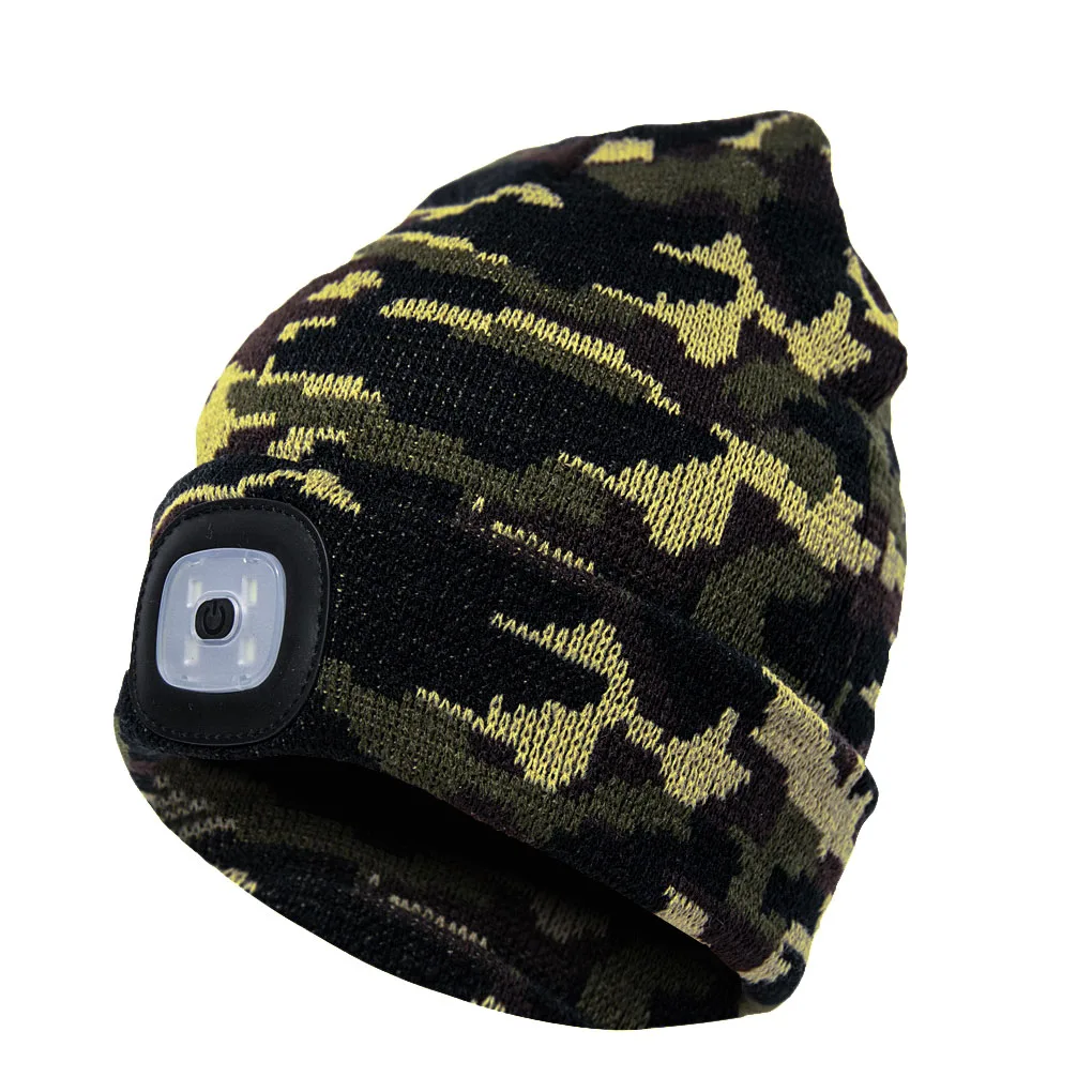 

LED Light Winter Cap Outdoor Men Women Knitted Hat Stretchy Warm Beanie Button Battery Type