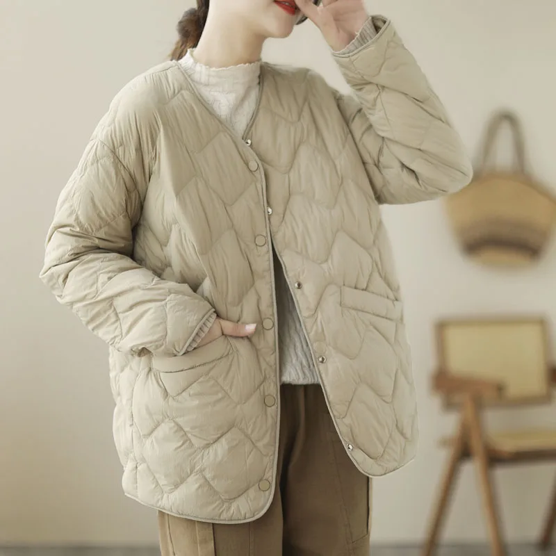 

Легкая хлопковая куртка в клетку с V-образным вырезом, Женская Повседневная теплая хлопковая куртка, короткое пальто на осень и зиму