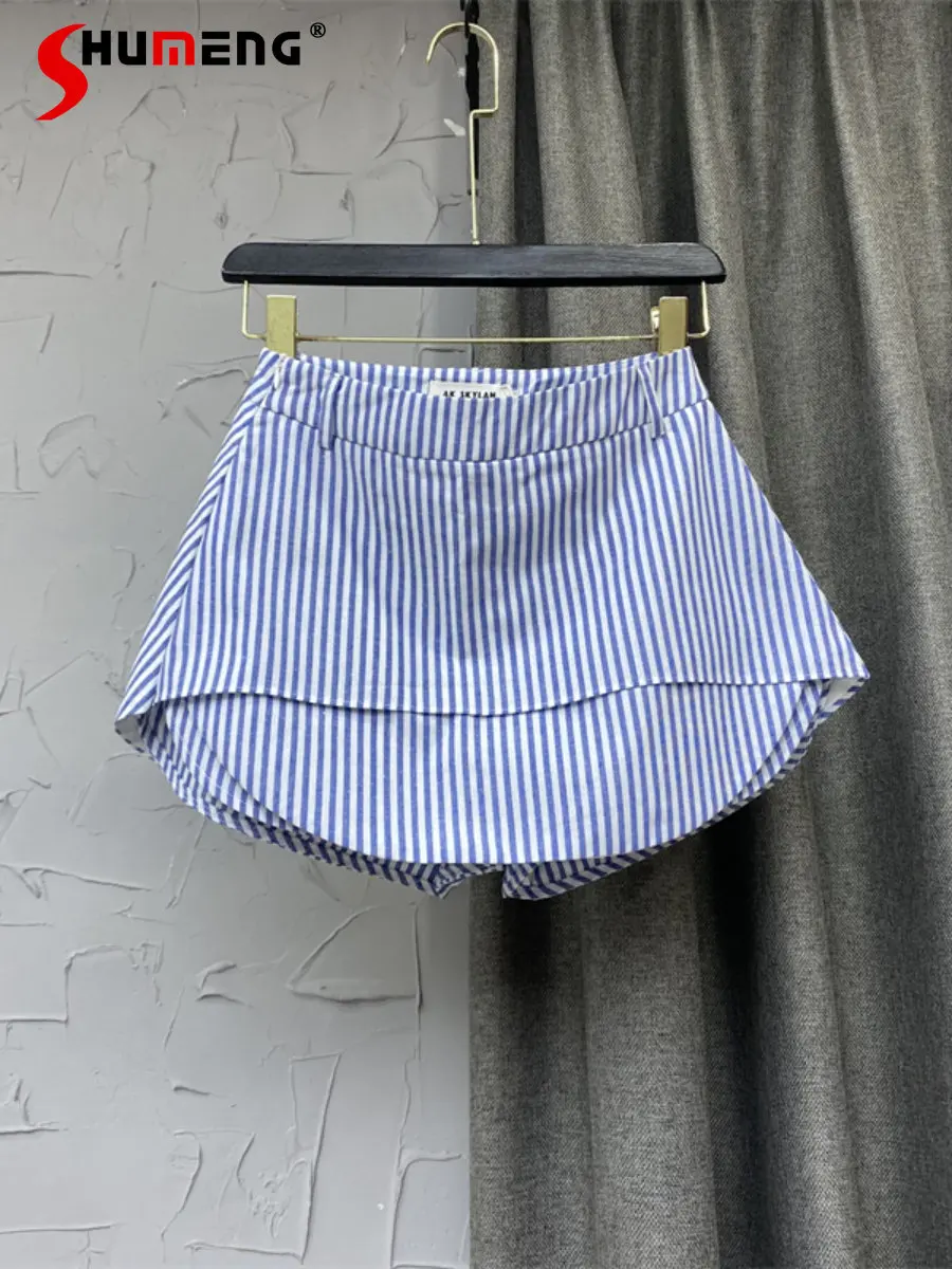 

2023 New Summer Korean Style Women's Fresh Stripe A- Line Above Knee Skirt Ladies Fashion High Waist Irregular Casual Skirt
