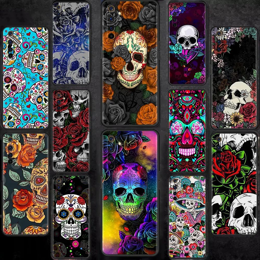 

Case For Realme 8 C21 C3 6 7 C21Y XT C11 GT Master C12 C15 5 V13 X50 Pro 5G C20 Black Soft Phone Cover Skull Flower