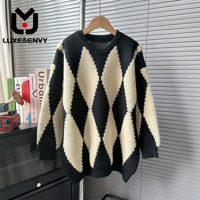 

LUXE&ENVY Lazy And Super Good-looking, Gentle And Loose Fitting Diamond Plaid Knitted Sweater New Style 2023 Winter