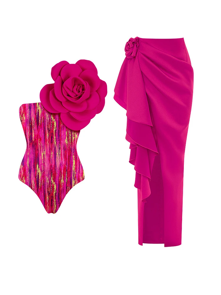 

Модный слитный купальник с розово-красным принтом, пикантный женский купальник на одно плечо с цветочной завышенной талией, накидка, купальный костюм для пляжа