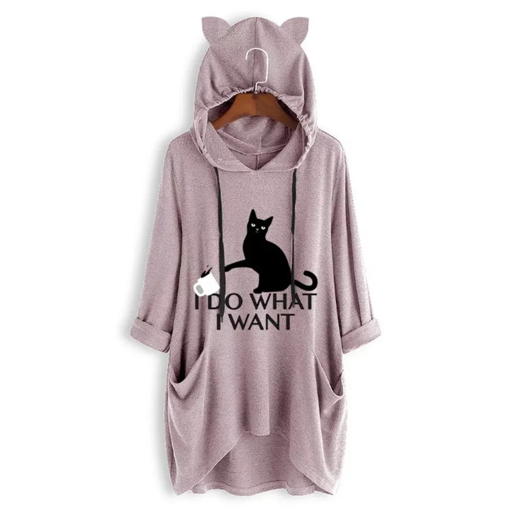 

Cute Cartoon Cat Hooded Sweatshirt Dress Women Autumn Ladies Casual Pocket Dresses Winter Oversized Drawstring Long Hoodie Tops