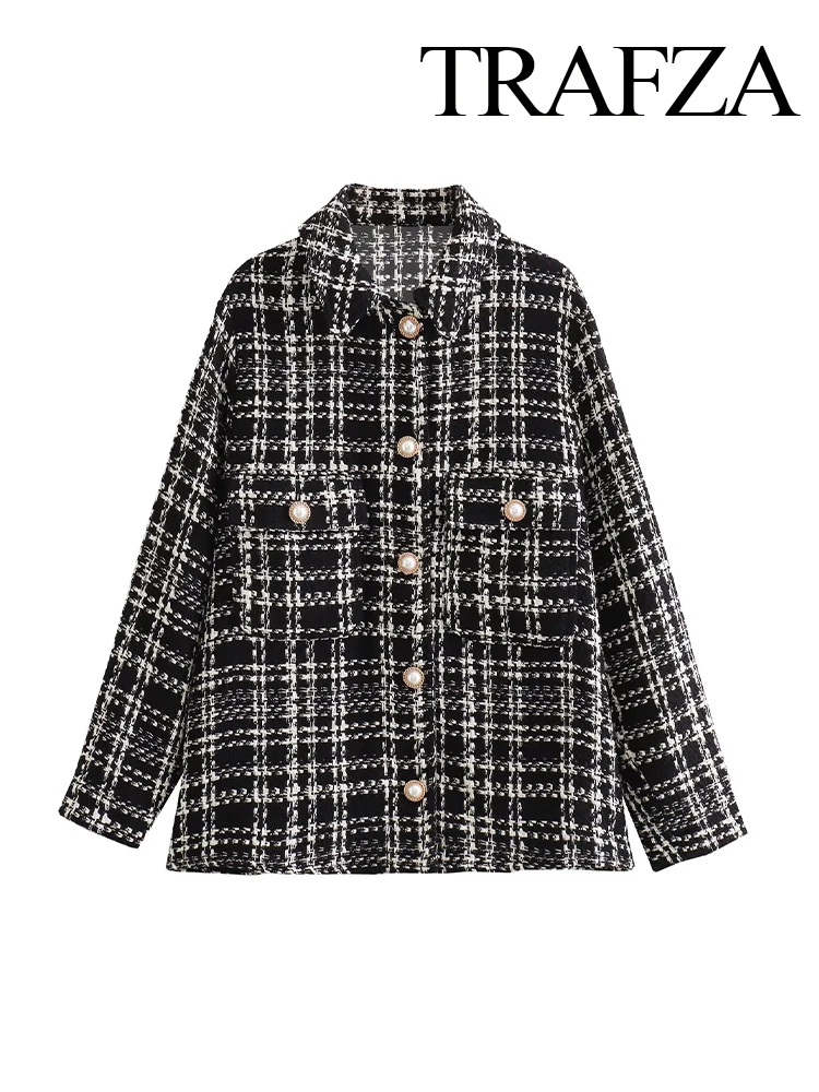 

TRAFZA Autumn Winter Fashion Woman Casual Chic High Street Outfit Clothing Shirt Jacket Female Vintage Pockets Coarse Plaid Coat