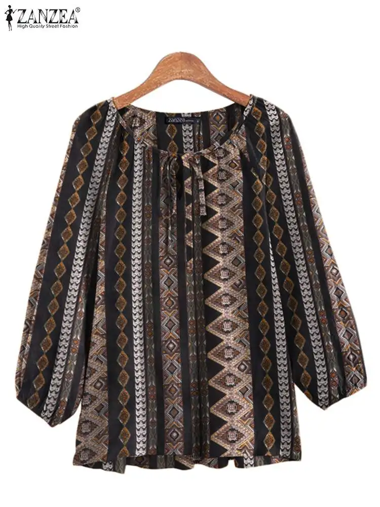 

ZANZEA Korean Fashion Cropped Tunics Retro Print Tops Holiday Summer O-neck Binding Blouse Casual Loose 3/4 Puff Sleeve Blusas