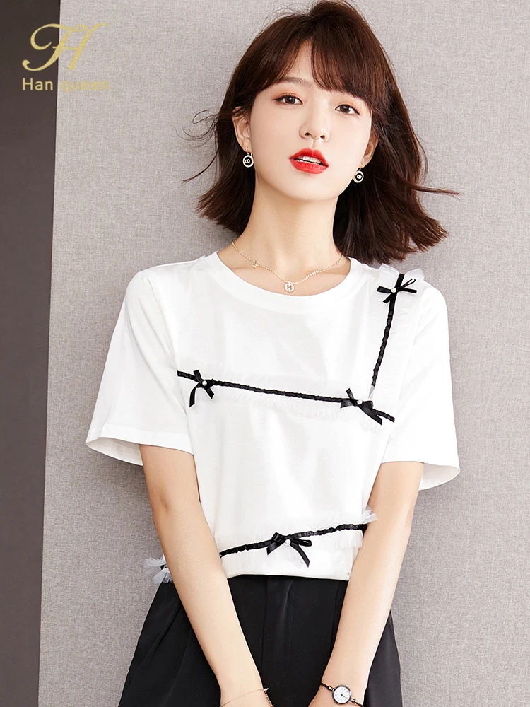 

Женская футболка с круглым вырезом H Han Queen, белая однотонная рубашка с бантом, винтажный Повседневный Топ для работы, элегантные простые сво...