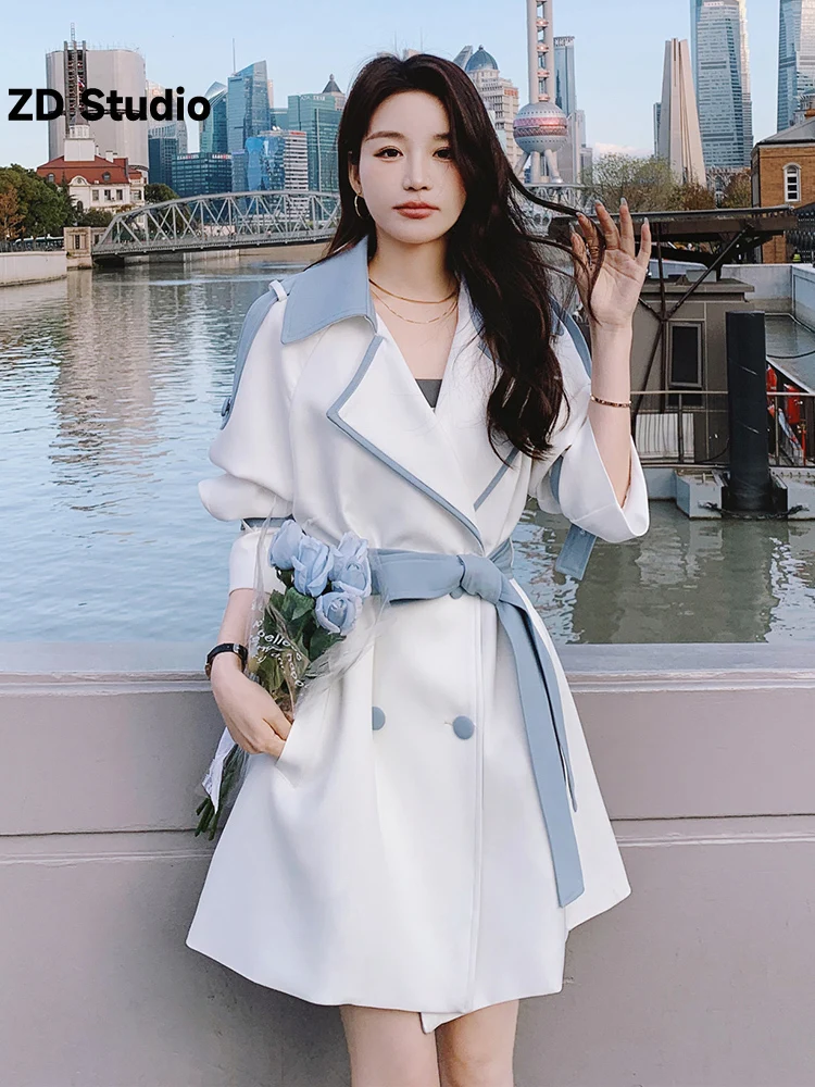 

[ZD Studio] Women Trench Coat For Women Lapel Double Breasted Long Sleeves Patchwork Contrast Color Coats 2023 New