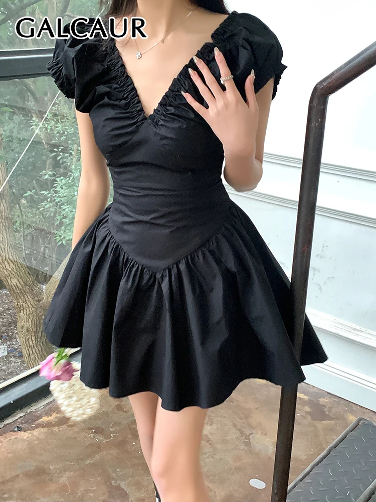 

GALCAUR Minimalist Pleated Dresses For Women V Neck Short Sleeve High Waist Tunic Slimming Patchwork Dress Female Summer Clothes