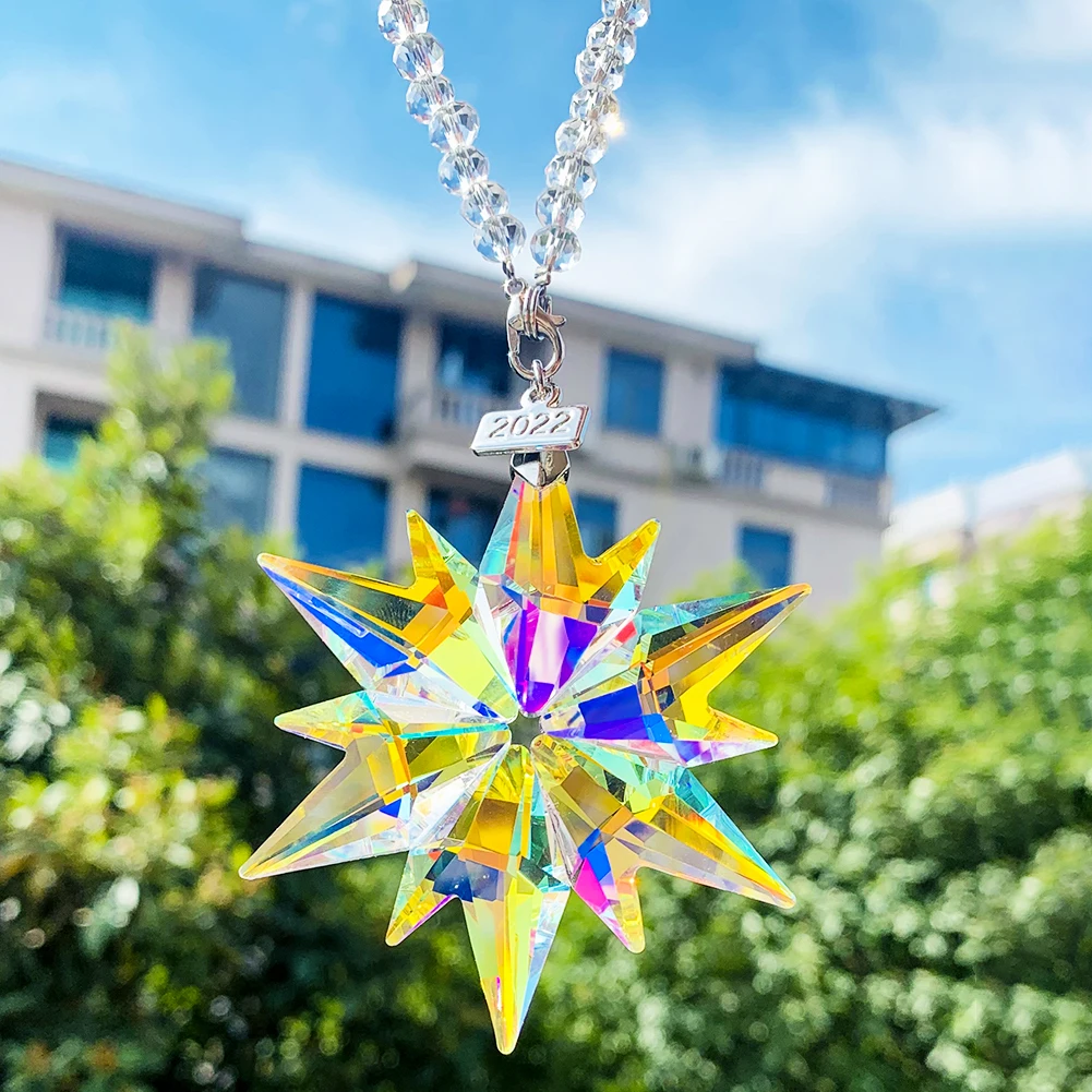 

Fire Polished AB Color Laser Cutting Christmas Snowflake Flowers Crystal Faceted Prism Car Hanging Pendant Rainbow Craft Decor