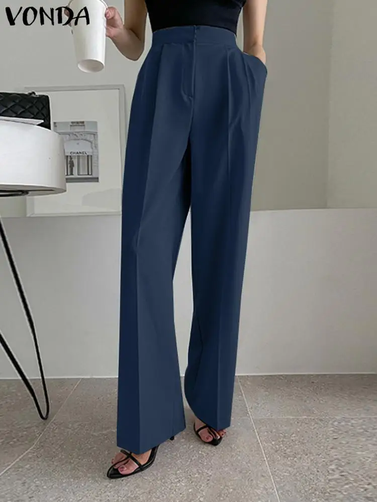 

Элегантные брюки VONDA, Женские Широкие штаны 2022, модные плиссированные повседневные свободные длинные брюки на молнии с высокой талией и кар...