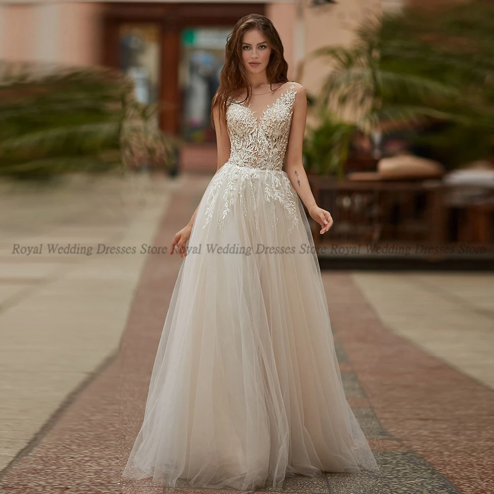 

RANMO Retro A Line Wedding Dresses V Neck Draped Sleeveless Tulle Handmade Flower Open Back 2022 Floor Length Gowns Robe De Ma