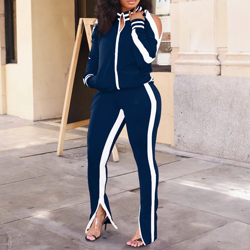 

Cold Shoulder Colorblock Zipper Design Top & Striped Tape Pants Set Spring Autumn Casual Sporty Women Two Piece Outfits