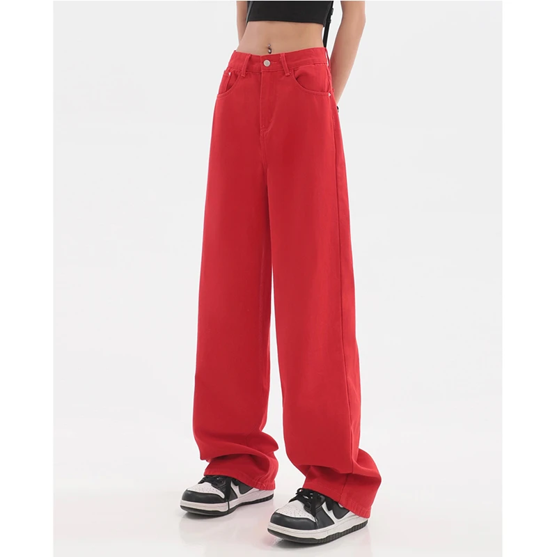 

Women's Clothing Red Jeans Vintage Casual Straight Self Cultivation Wide Leg Pants High Waist Baggy Denim Trouser Ladies Summer