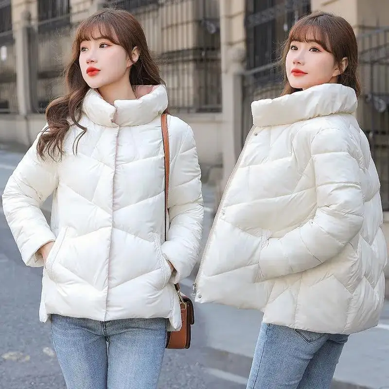 2022 Autumn Winter Bright Face Padded Jackets Women Short Coat Loose Stand-Up Collar Fashion New Black Down Cotton Jacket Female