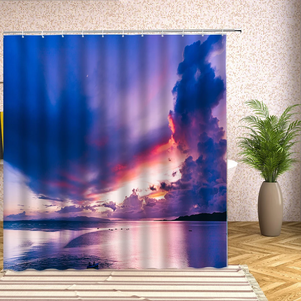 

Tropical Landscape Waterproof Shower Curtain Clouds Sunset Dusk Ocean Nature Scenery Print Bathroom Decor Background Curtains