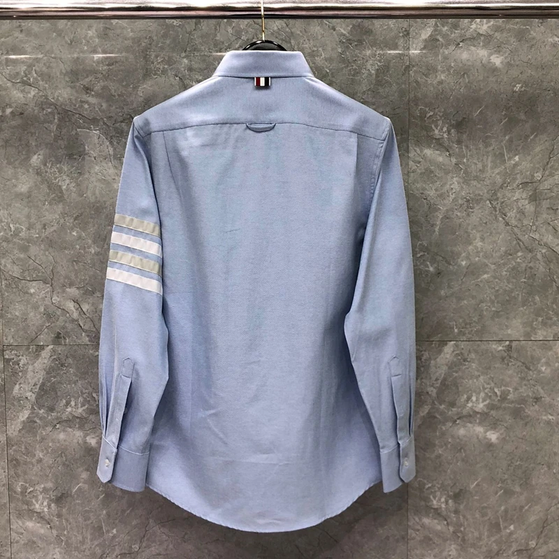 TB Men Light Blue Dress Shirts Fashion 2022 Oxford Striped New Turn Down Collar Shirt Male Long Sleeve Casual Shirt with Pocket