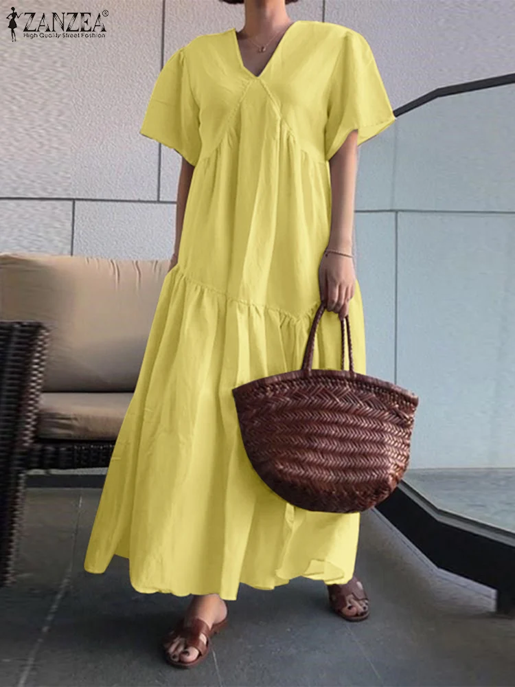 

Элегантные трапециевидные платья ZANZEA, женское длинное платье-рубашка с V-образным вырезом, летний праздничный сарафан с коротким рукавом, повседневный халат, рабочие платья 2023