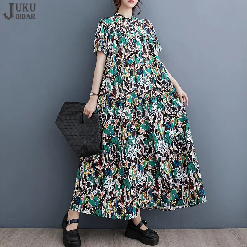 Korean Style New Summer Woman Clothing Loose Fit Big Size Long Green Print Dress Casual Wear Large Boho Chic Dress Robe JJXD525