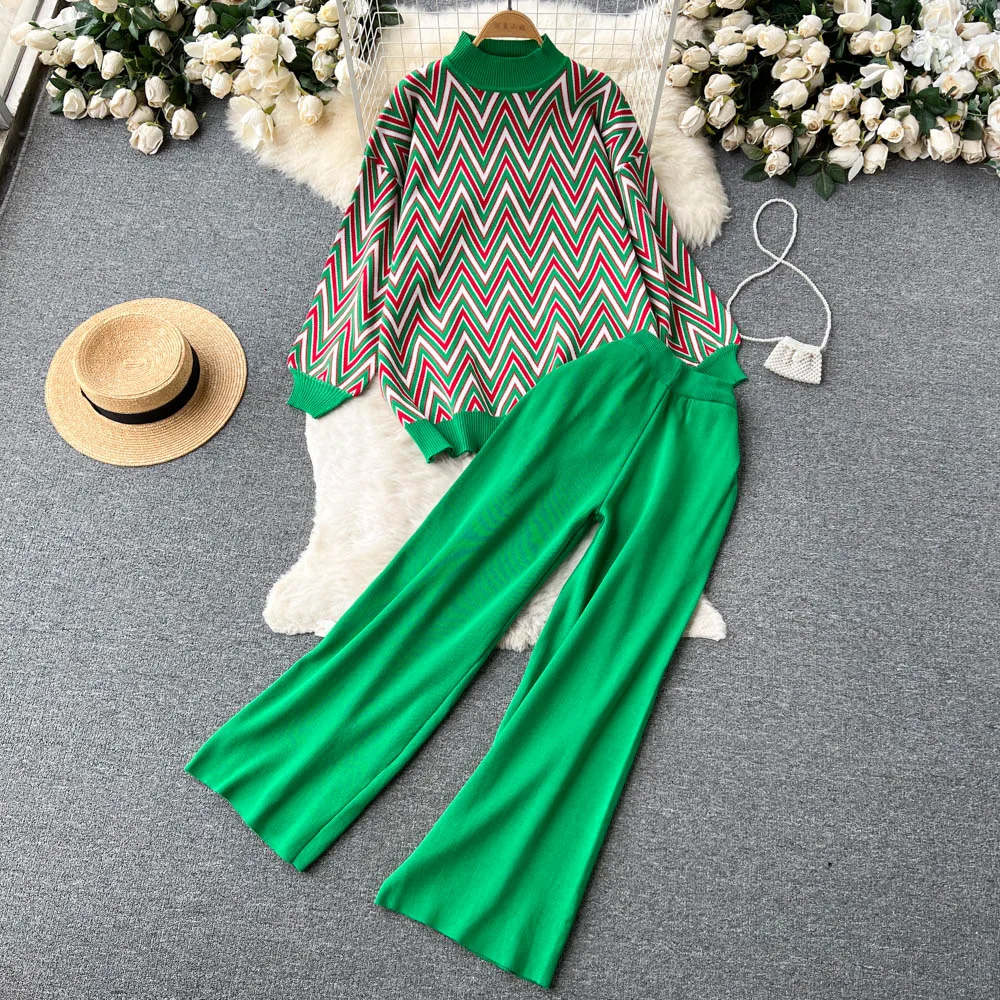 

Amolapha Women Autunm Winter Knitted Clothing Sets Turuleneck Long Sleeve Rhombus Design Sweater Tops+Elastic Waist Pant Suit