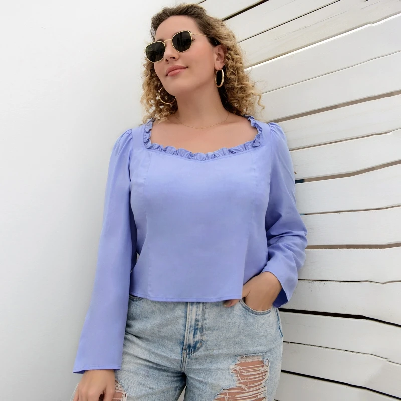 

Womens Korean Style Fashion Blouses Long Sleeve Ruffles Square Neck Loose Shirts