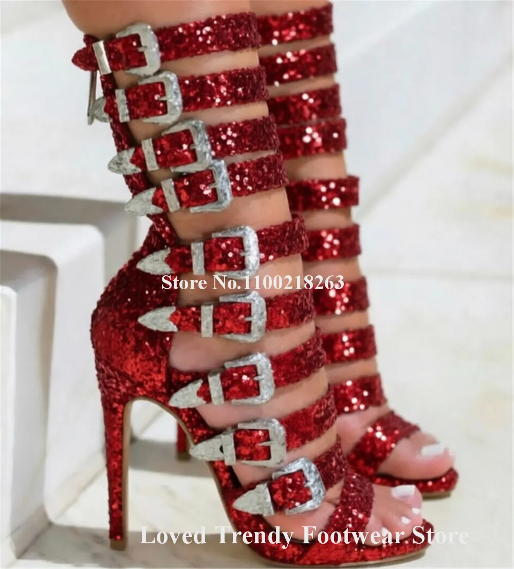 Фото Сандалии-гладиаторы Emeline Dubois Bling Bling с серебристо-черными блестками, на шпильке, с открытым носком, ремешками и пряжками, для вечеринок. №3