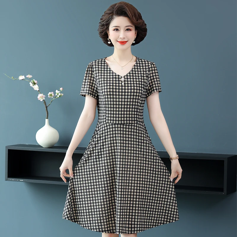 

Middle-aged Female Dress Summer Clothes Vitage 2022 Stretchy Short Sleeve Elegant Plaid Dresses Women Casual Women's Sundress