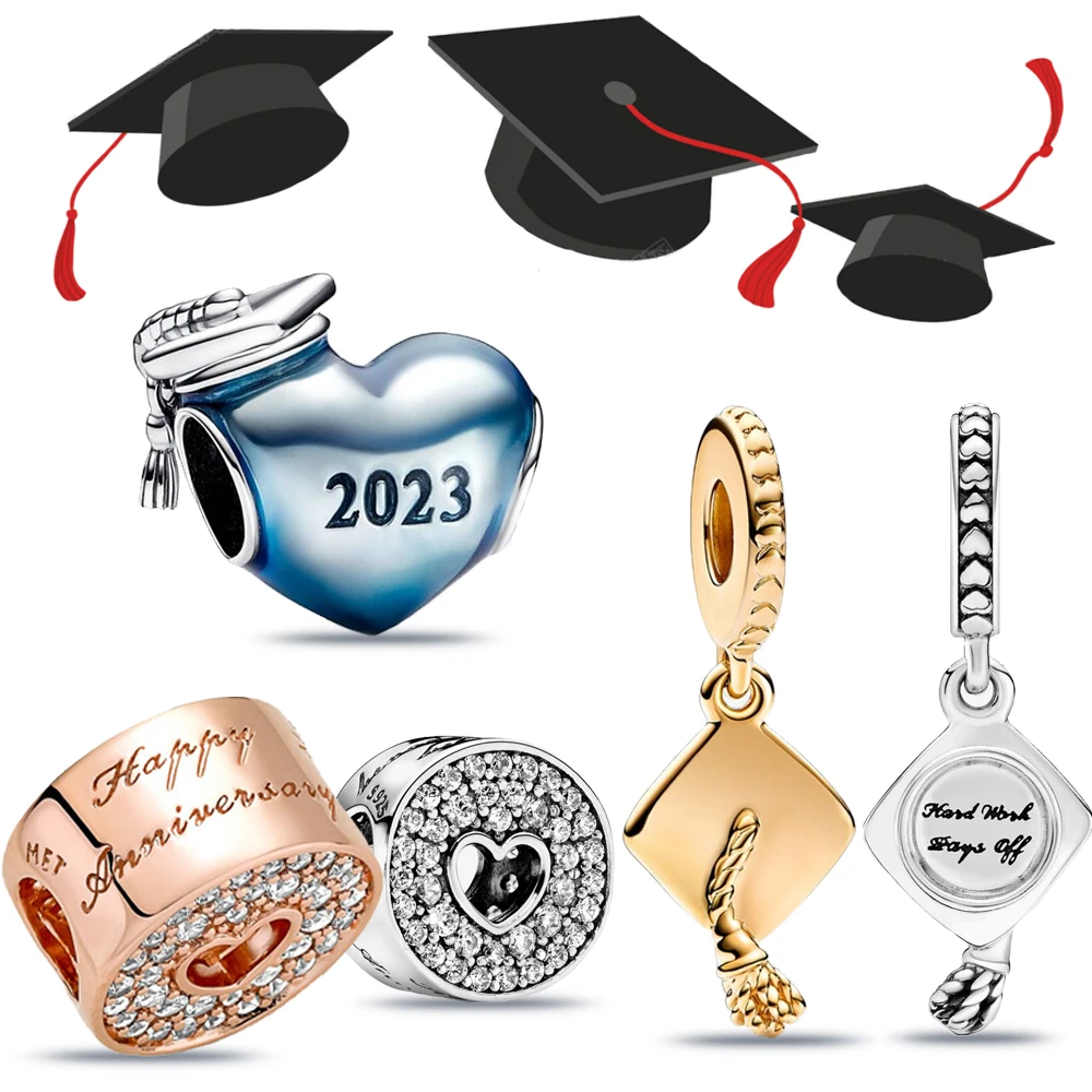 Original Beads Fit Pandora Bracelet Blue Enamel 2023 Graduation Heart Charm Graduation Cap Charm 925 Sterling Silver Jewelry