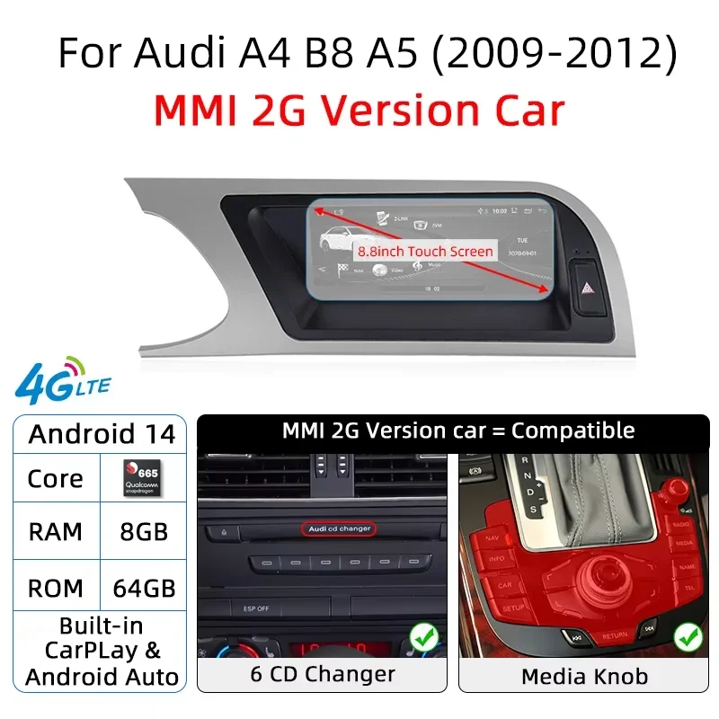 

Android 14 8 + 256 ГБ CarPlay для Audi A4 B8 A5 2008 2009 2010 MMI 2G High CD Changer Автомобильный мультимедийный плеер Стерео GPS Navi Экран