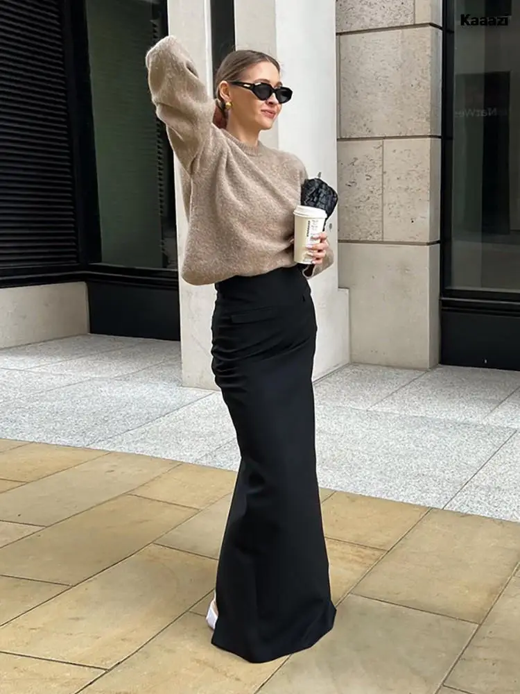 

KAAAZI Slim High Waist Back Split Women Black Long Style Skirt Sexy Female Fashion Elegant Party Holiday Skirt 2023 New