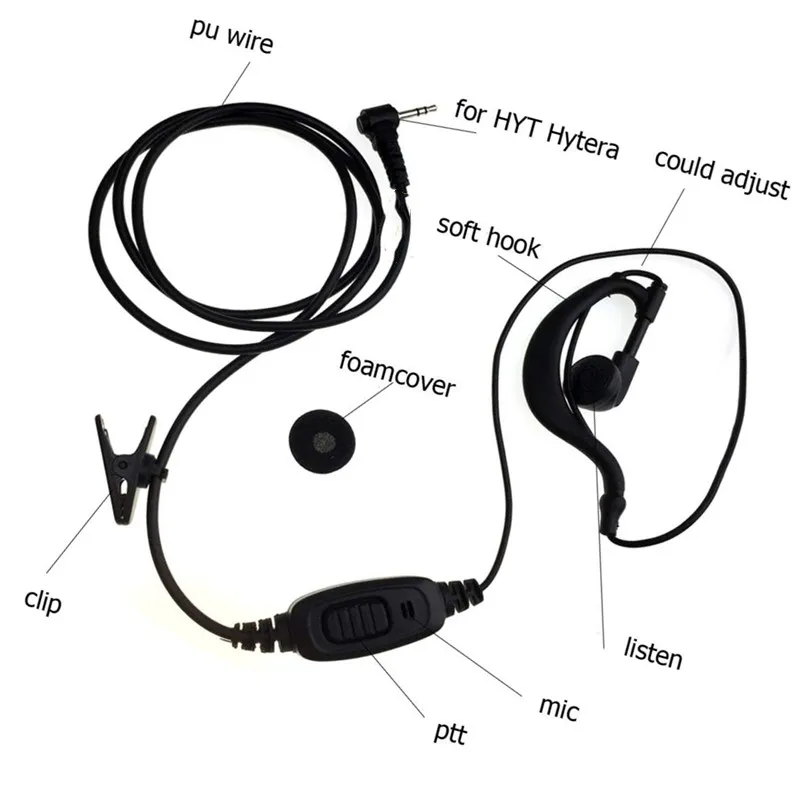 5 pack a lot 2.5 1 Pin G Shaped Earhook Headset PTT Mic Earpiece for HYT Hytera Two Way Radio TC1688 TC310 TC-1688 TC-310 TC-320