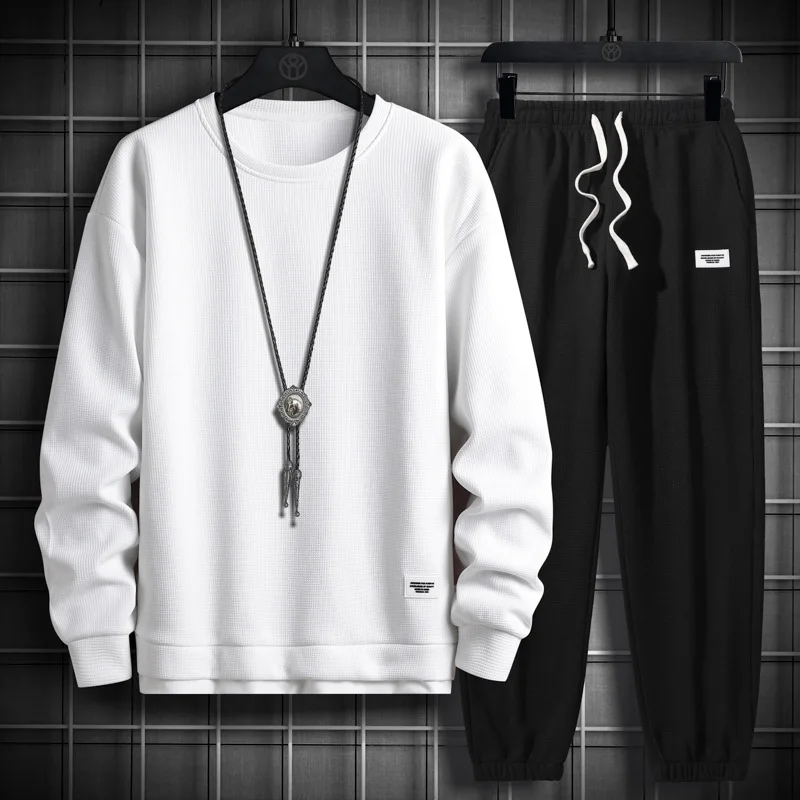 New Waffle Spring and Autumn Men's Casual Sports Suit Men's Loose and Handsome Men's Long-Sleeved T-shirt Trousers Fashion