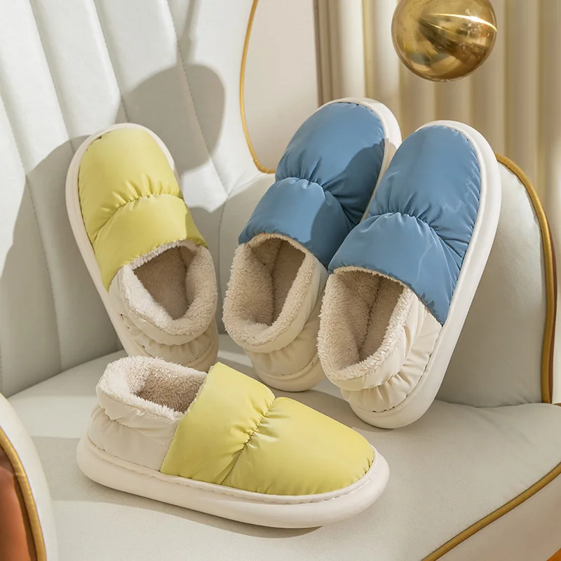 Unisex Winter Waterproof  Slippers Women Slides Outside Indoor Home Shoes Warm Plush Platform Cotton Shoes