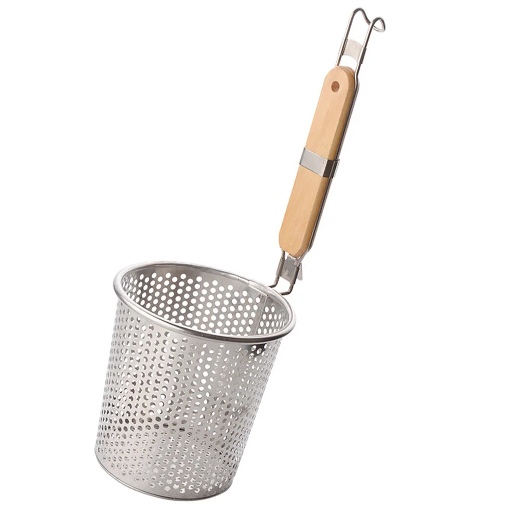 

Stainless Steel Strainer Basket Wooden Handle Fine Mesh Spider Food Skimmer Kitchen Sieve for Pasta Dumpling Noodle (14cm) Wire