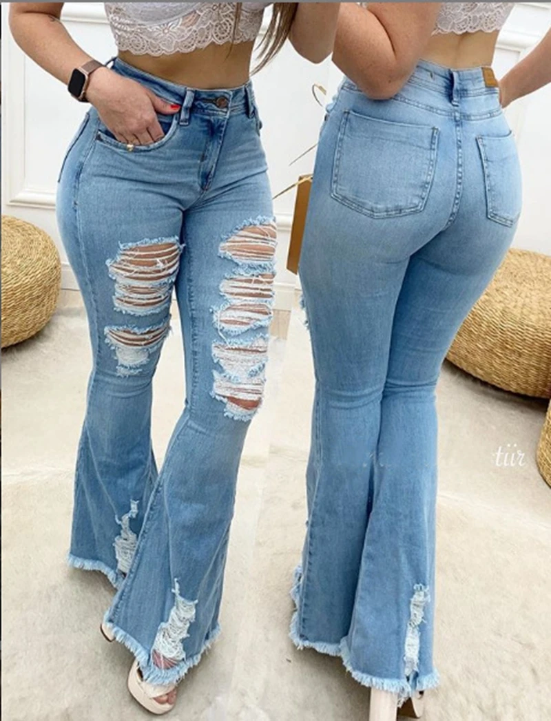 

Flare Jeans Women Ripped Wide Leg Jeans Denim Trousers Vintage Bell Bottom Jeans High Waist Pants Ladies Push Up Calca Jeans New