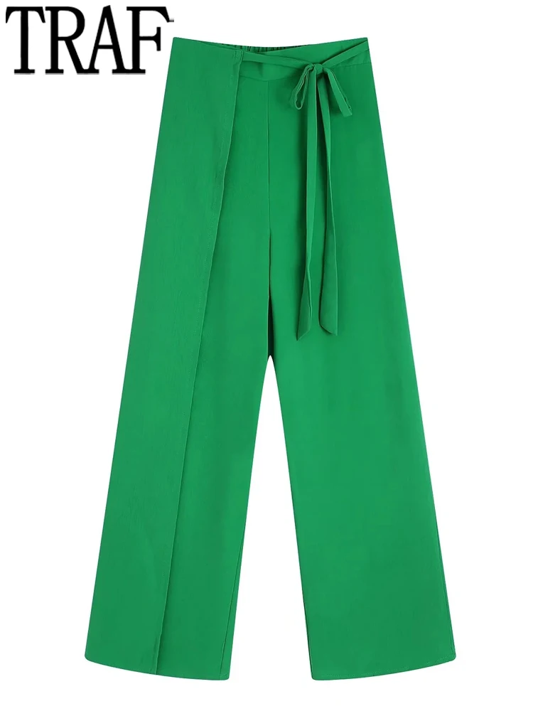 

TRAF Wrap Green Pants For Women High Waist Blue Wide Leg Pants Y2k Streetwear Casual Baggy Pants Woman Tied Summer Trousers