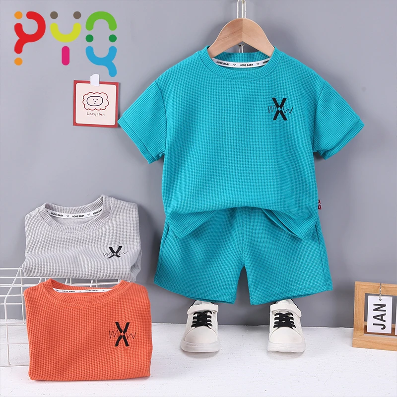 PYQ Baby Clothes 2023 New Summer Solid Color Baby Boy Girl Clothes Sets For Kids Simple Embroidery T-shirt+Shorts Casual Outfits