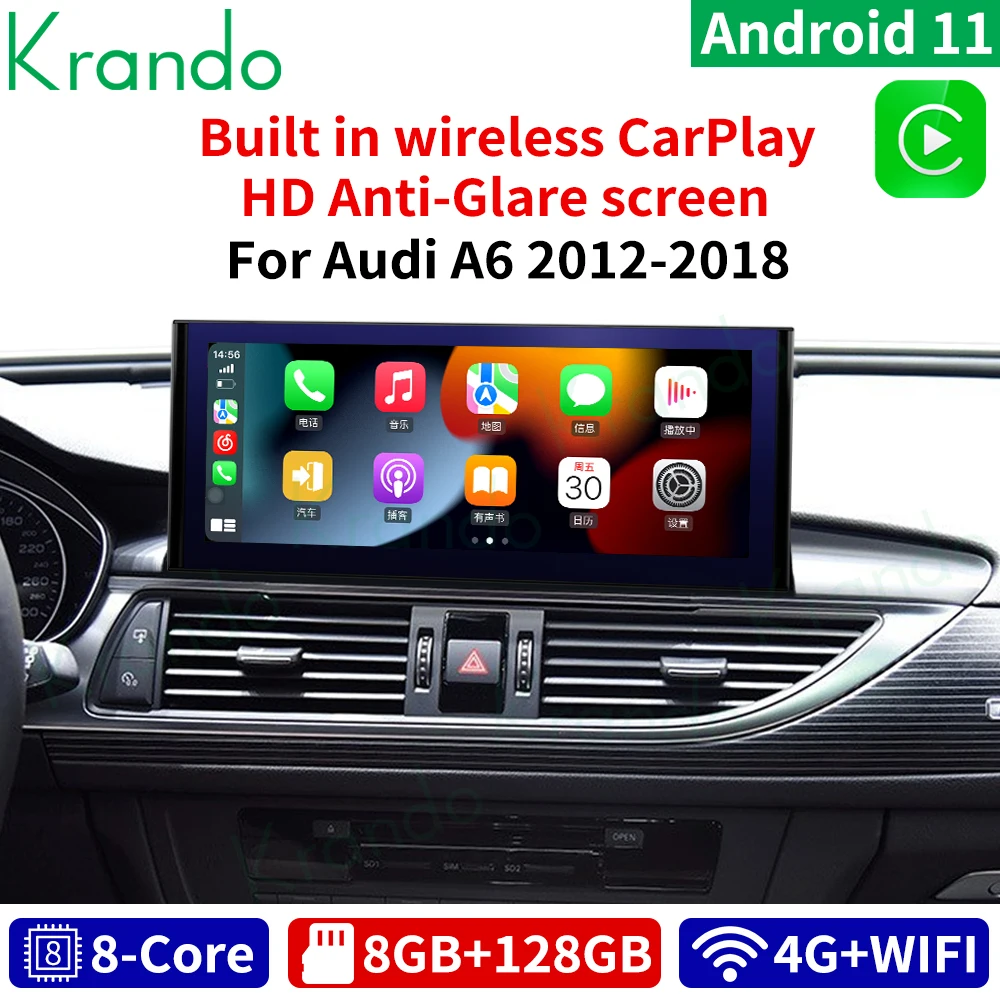 

Krando Android 12.0 12.3'' HD Anti-Glare Screen Car Radio for Audi A6 2012-2018 Navigation GPS DVD Player Wireless Carplay LHD