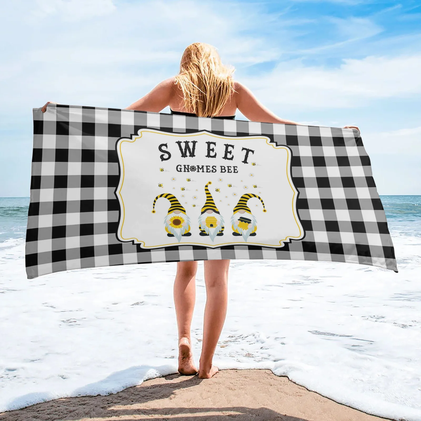 

Черно-белое клетчатое банное полотенце Gnome в стиле маргариток для взрослых предметы первой необходимости летнее быстросохнущее полотенце ...