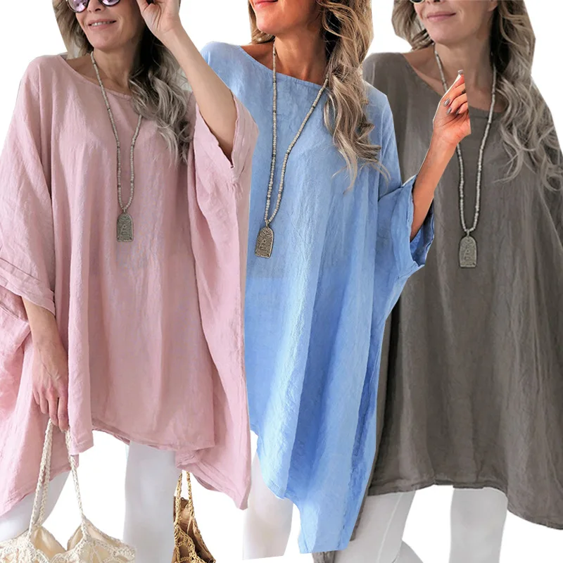 

Summer Women's 2023 Solid Cotton Linen Short T Loose Short Sleeve Dress