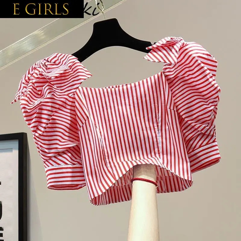 

E GIRLS Sweet High Waist Short Tops Vintage Stripe Bow Zipper Puff Sleeve Square Neck Summer 2023 Woman Shirt All Match Chic Blu