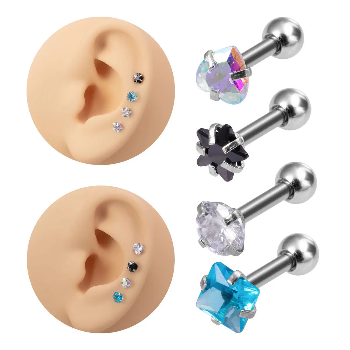 

4PCS 16G Stainless Steel Helix Stud Cartilage Tragus PIERC Stud Earrings Cubic Zirconia Heart Star Round Square Barbell Earring