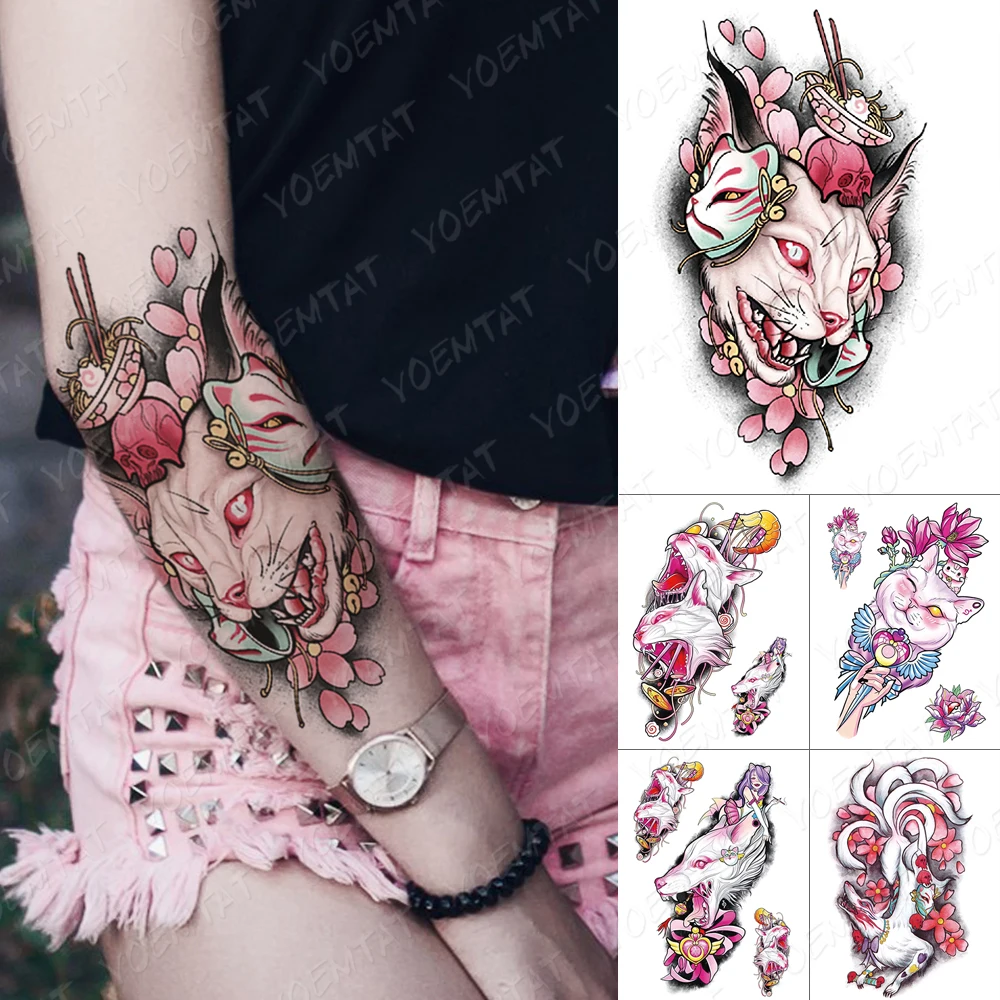 

Waterproof Temporary Tatto Sticker Japanese Anime Nine Tailed Fox Cat Pink Glitter Body Art Cute Fake Tattoo Men Women Tattoos