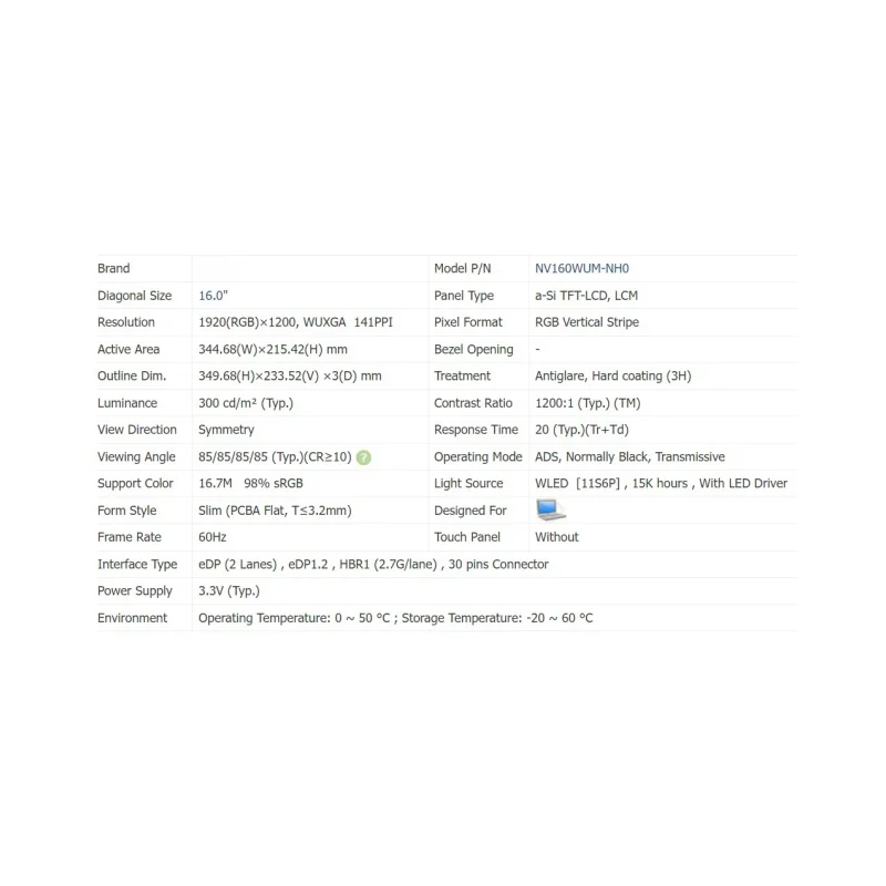 16-дюймовый ЖК-экран для ноутбука NV160WUM-NH0 NV160WUM-NH3 NV160WUM NH0 NH3 Матричная панель дисплея