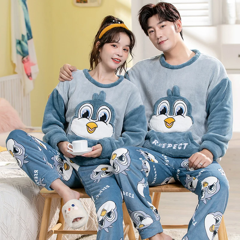 Couple Long Sleeve Cute Cartoon Thick Warm Flannel Pajama Sets For Men Winter Korean Loose Sleepwear Women Homewear Home Clothes